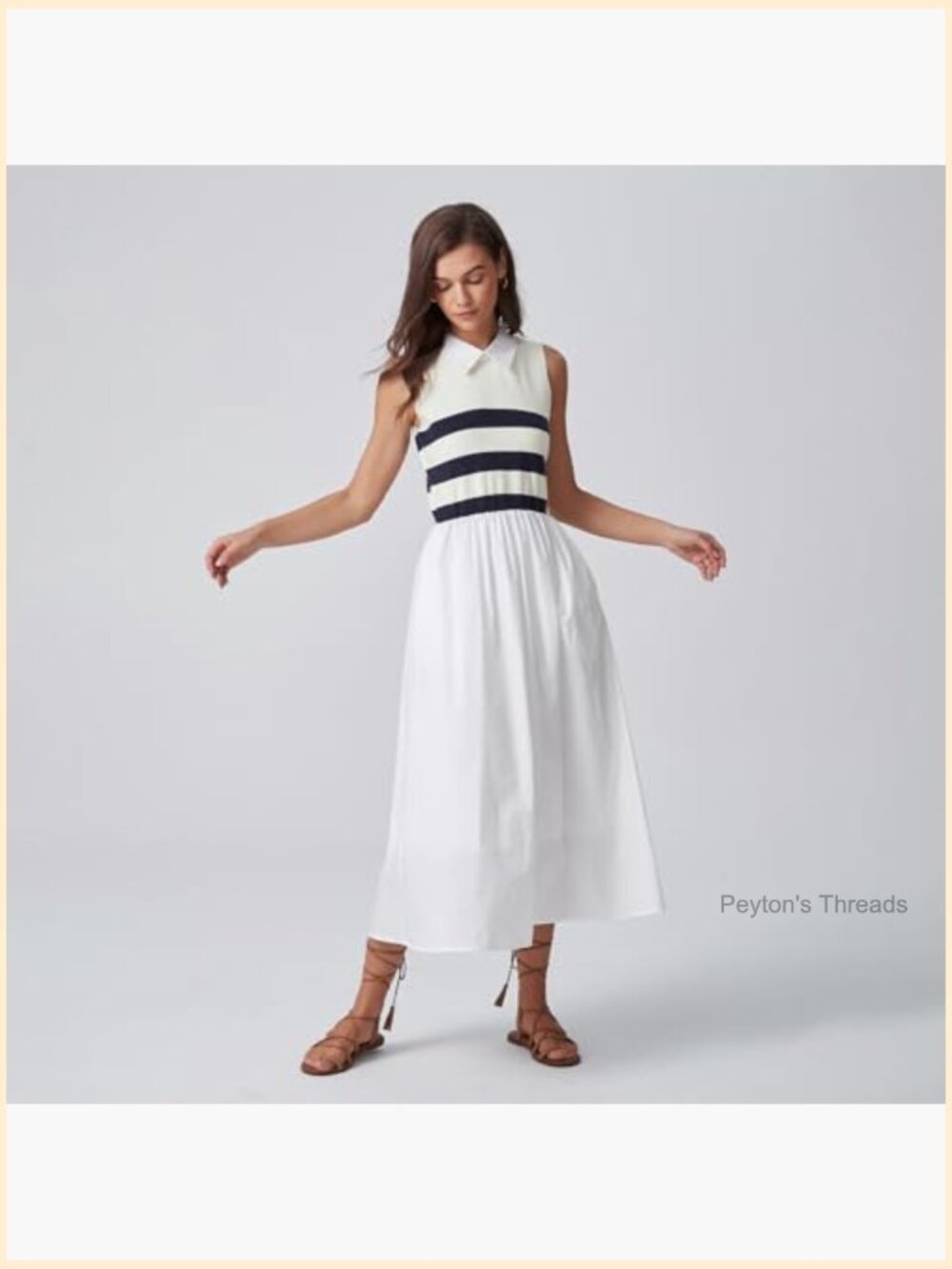 Sleeveless Striped Knit A-Line Midi Dress with Spread Collar - Picture 2 of 7
